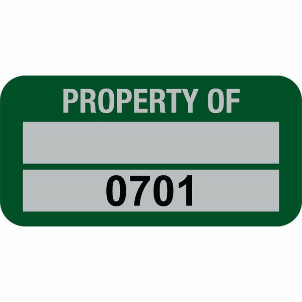 Lustre-Cal Property ID Label PROPERTY OF 5 Alum Green 1.50in x 0.75in 1 Blank Pad&Serialized 0701-0800,100PK 253769Ma2G0701